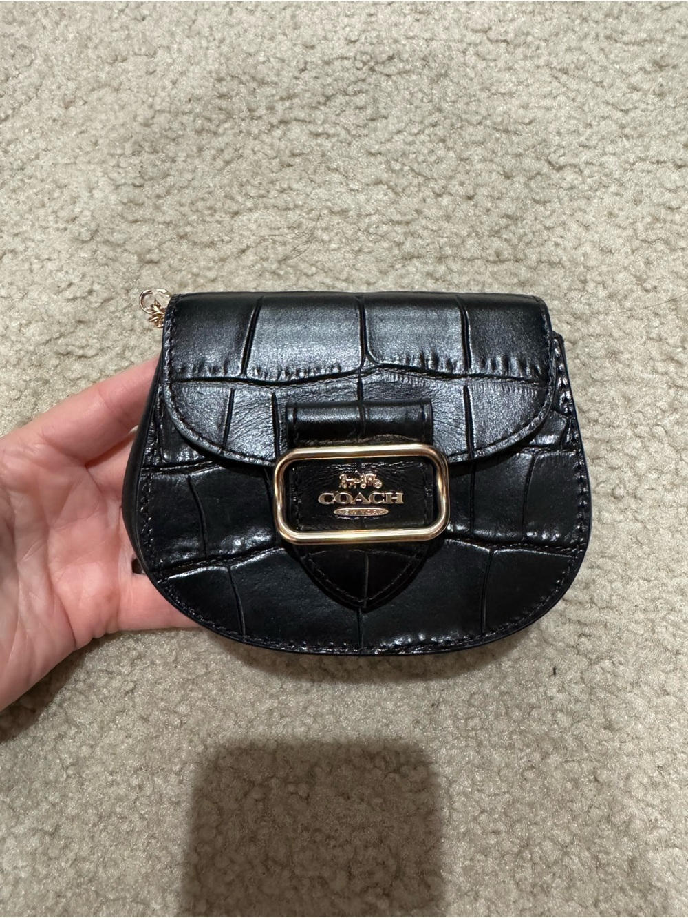 COACH Black Croc-Embossed Leather Mini Saddle Bag